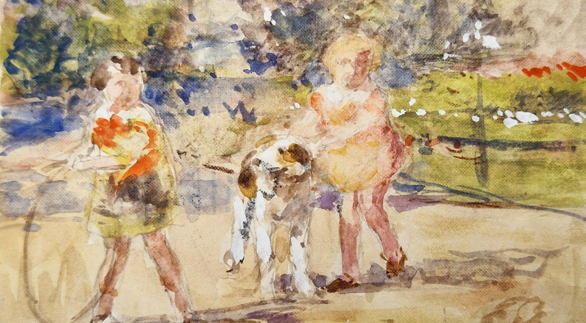 Victor Gabriel Gilbert 1847-1935 Enfants Et Chien Jouant Au Jardin Aquarelle-photo-2