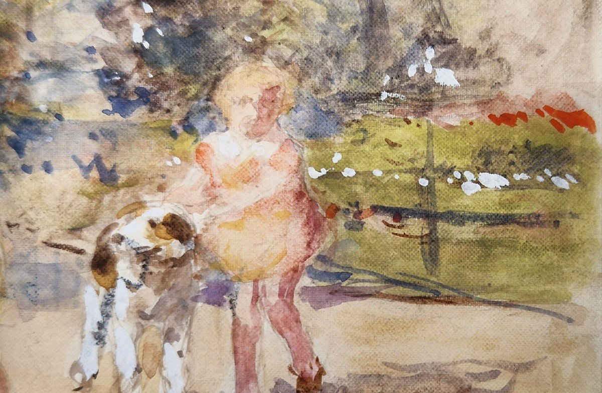 Victor Gabriel Gilbert 1847-1935 Enfants Et Chien Jouant Au Jardin Aquarelle-photo-3