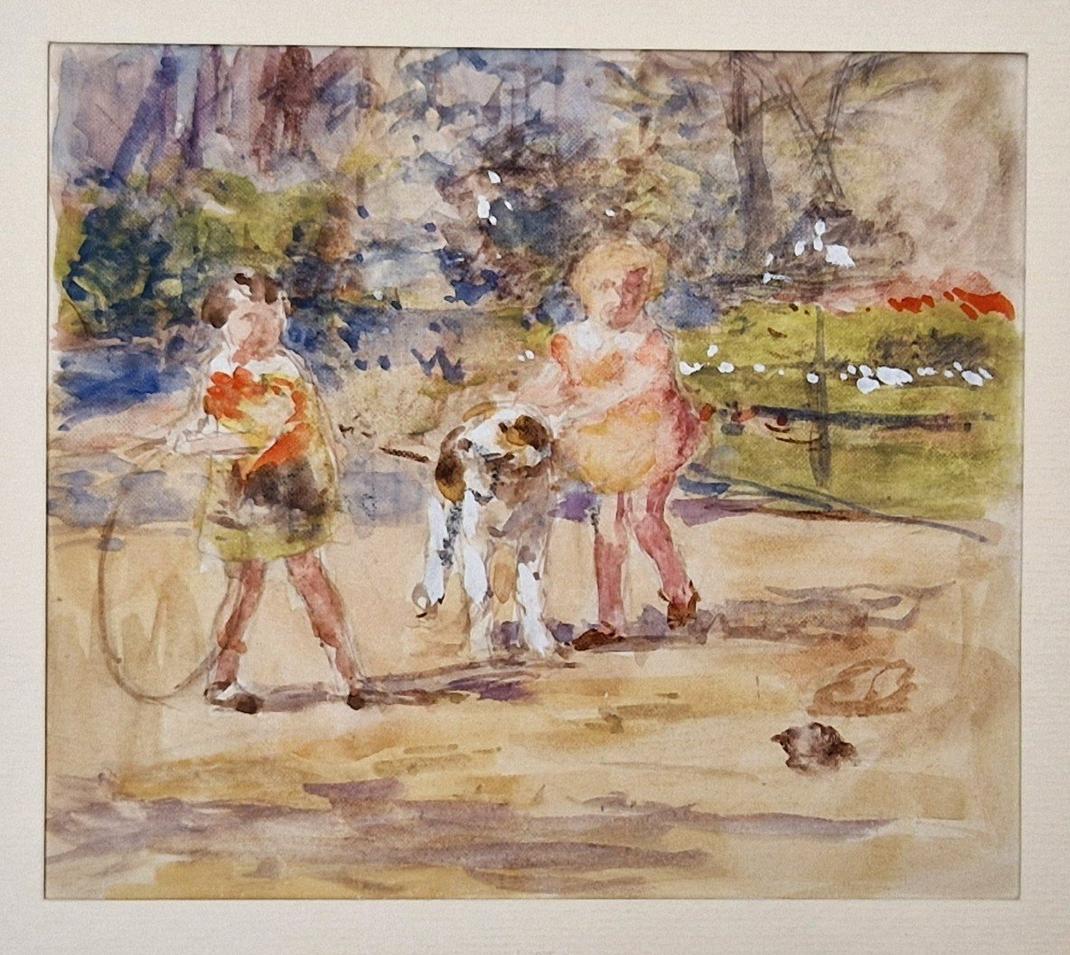 Victor Gabriel Gilbert 1847-1935 Enfants Et Chien Jouant Au Jardin Aquarelle