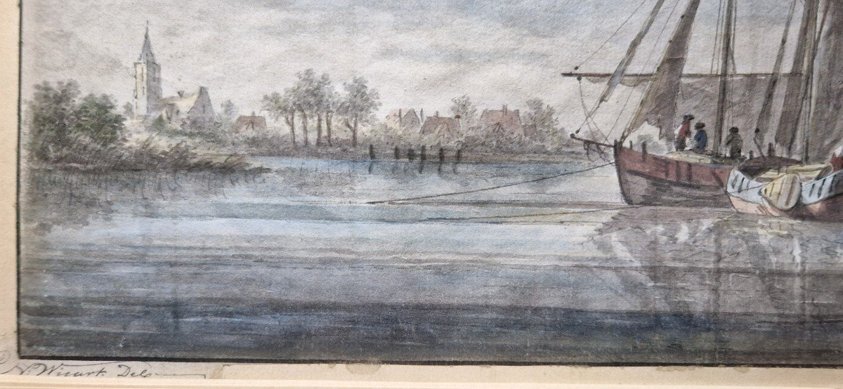 Nicolas Wicart 1748-1815 Voilier Sur Le Fleuve Aquarelle-photo-3