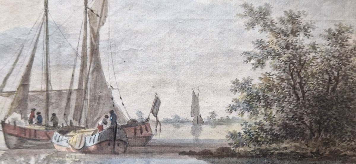 Nicolas Wicart 1748-1815 Voilier Sur Le Fleuve Aquarelle-photo-4