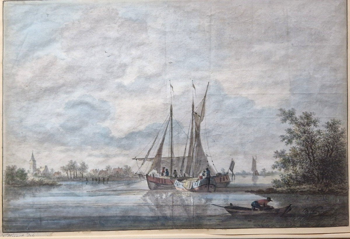 Nicolas Wicart 1748-1815 Voilier Sur Le Fleuve Aquarelle
