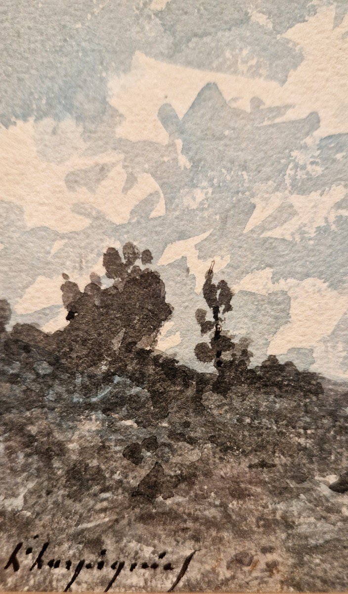 Henri Harpignies 1819-1916 Trees Against The Sky Watercolor-photo-3