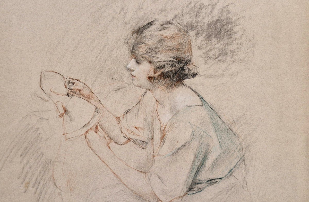 Henri Royer 1869-1938 Jeune Fille à La Poupée Dessin Aux Trois Crayons-photo-2