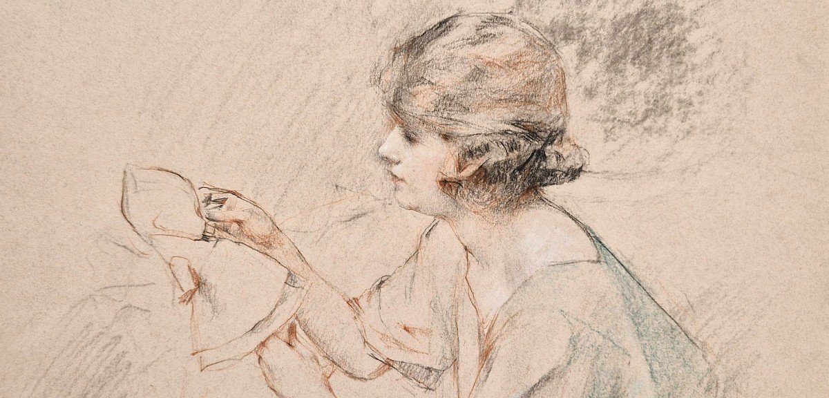 Henri Royer 1869-1938 Jeune Fille à La Poupée Dessin Aux Trois Crayons-photo-3