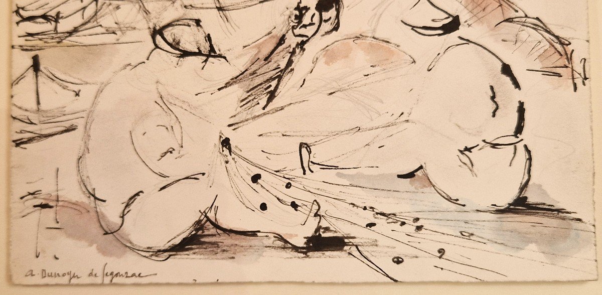 André Dunoyer De Segonzac 1884-1974 Sailors At Their Nets Pen And Watercolor Drawing-photo-2