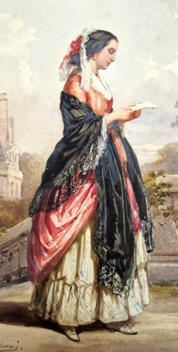 Auguste Delacroix 1809-1868 La Lecture De La Lettre Aquarelle-photo-2