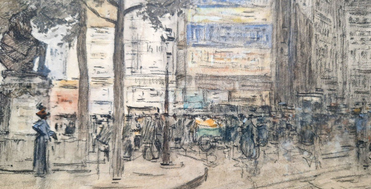 Francis Garat Né En 1853 Boulevard St Germain La Statue De Diderot Aquarelle Et Crayon Noir-photo-1