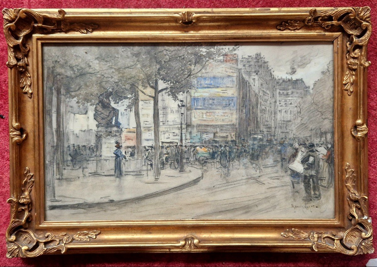 Francis Garat Né En 1853 Boulevard St Germain La Statue De Diderot Aquarelle Et Crayon Noir