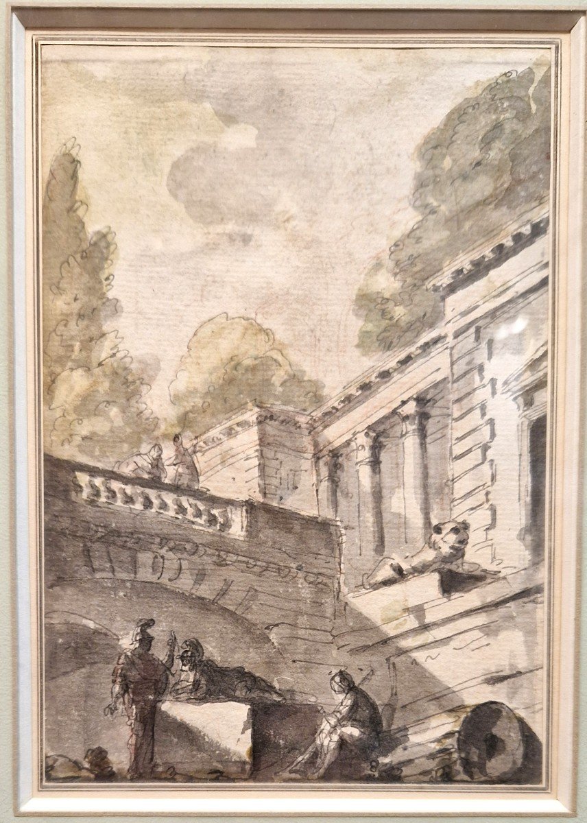 Pierre Lelu 1741-1810 Caprice Architectural Plume, Lavis Et Rehauts d'Aquarelle -photo-2