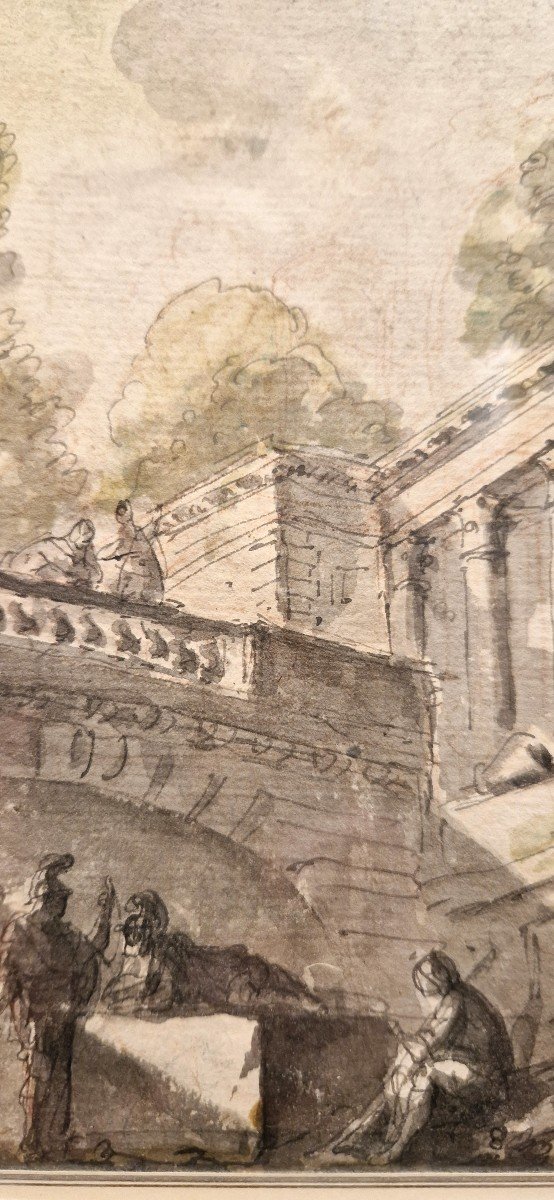 Pierre Lelu 1741-1810 Caprice Architectural Plume, Lavis Et Rehauts d'Aquarelle -photo-1