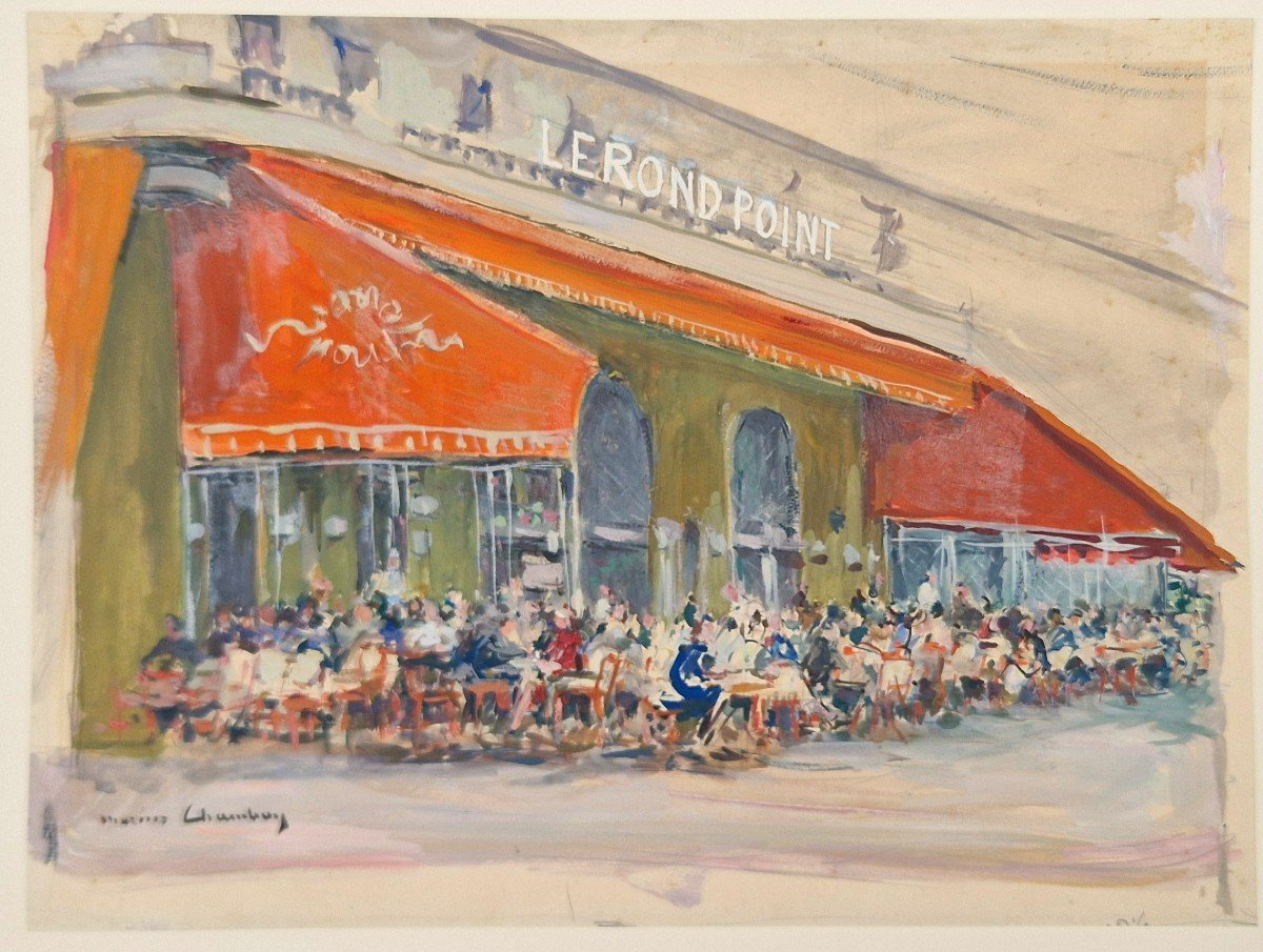 Marius Chambon 1876-1962 Le Bar Du Rond Point Aux Champs-elysées Gouache