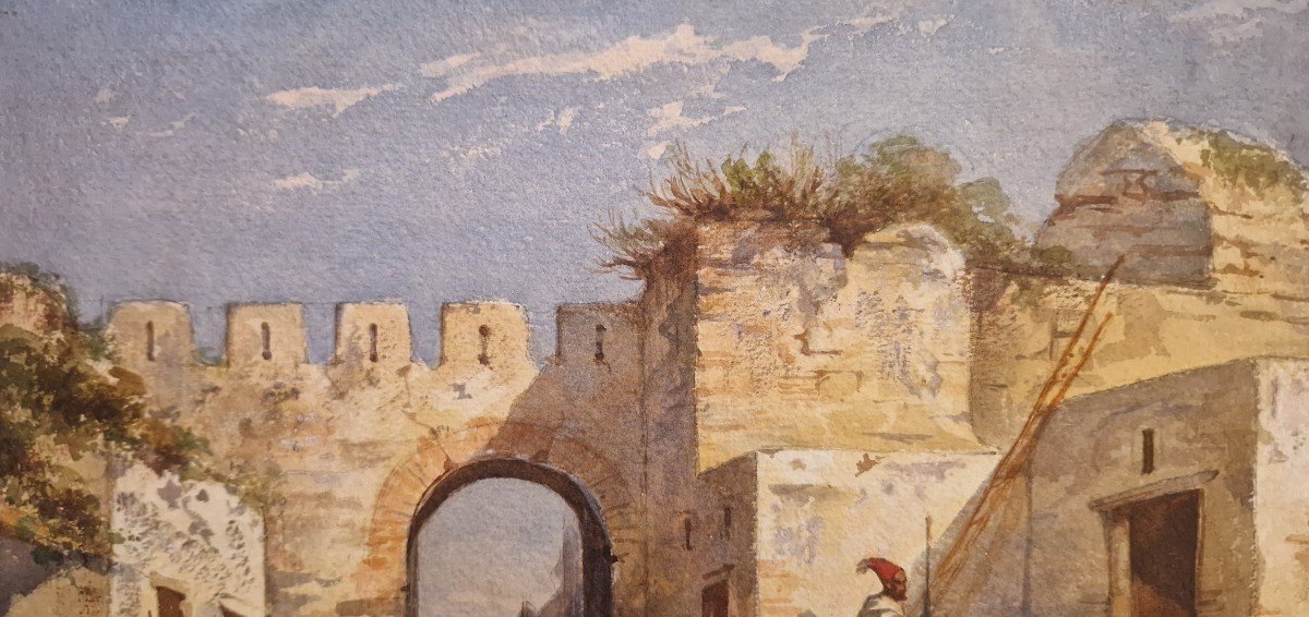 Louis Tesson 1820-1870 (attributed To) Gate Of A City In The Orient Watercolor-photo-1
