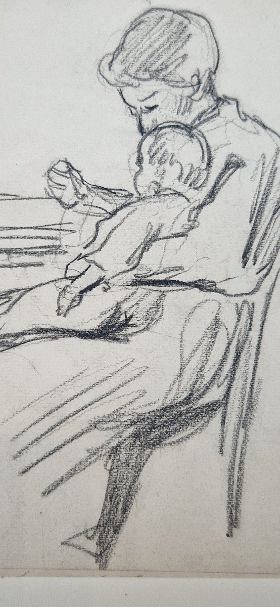 Maximilien Luce 1858-1941  La Bouillie Madame Luce Et Son Fils Dessin Au Crayon Noir-photo-2