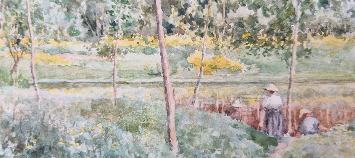 Marie Désiré Bourgoin 1859-1911 Au Bord De l'Eau Aquarelle-photo-2