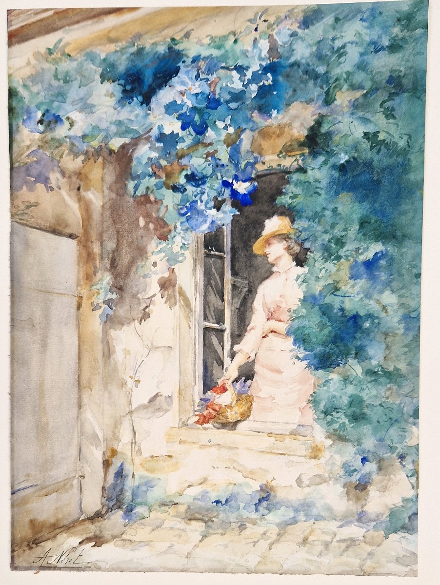 Adrien Moreau-néret Woman At Her Window Watercolor