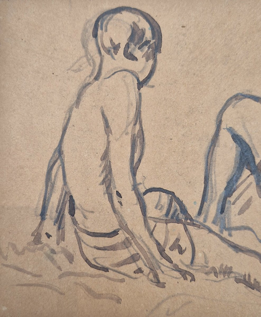 Maximilien Luce 1858-1941 Jeunes Garçons Sur La Plage Crayon Et Lavis d'Encre-photo-2