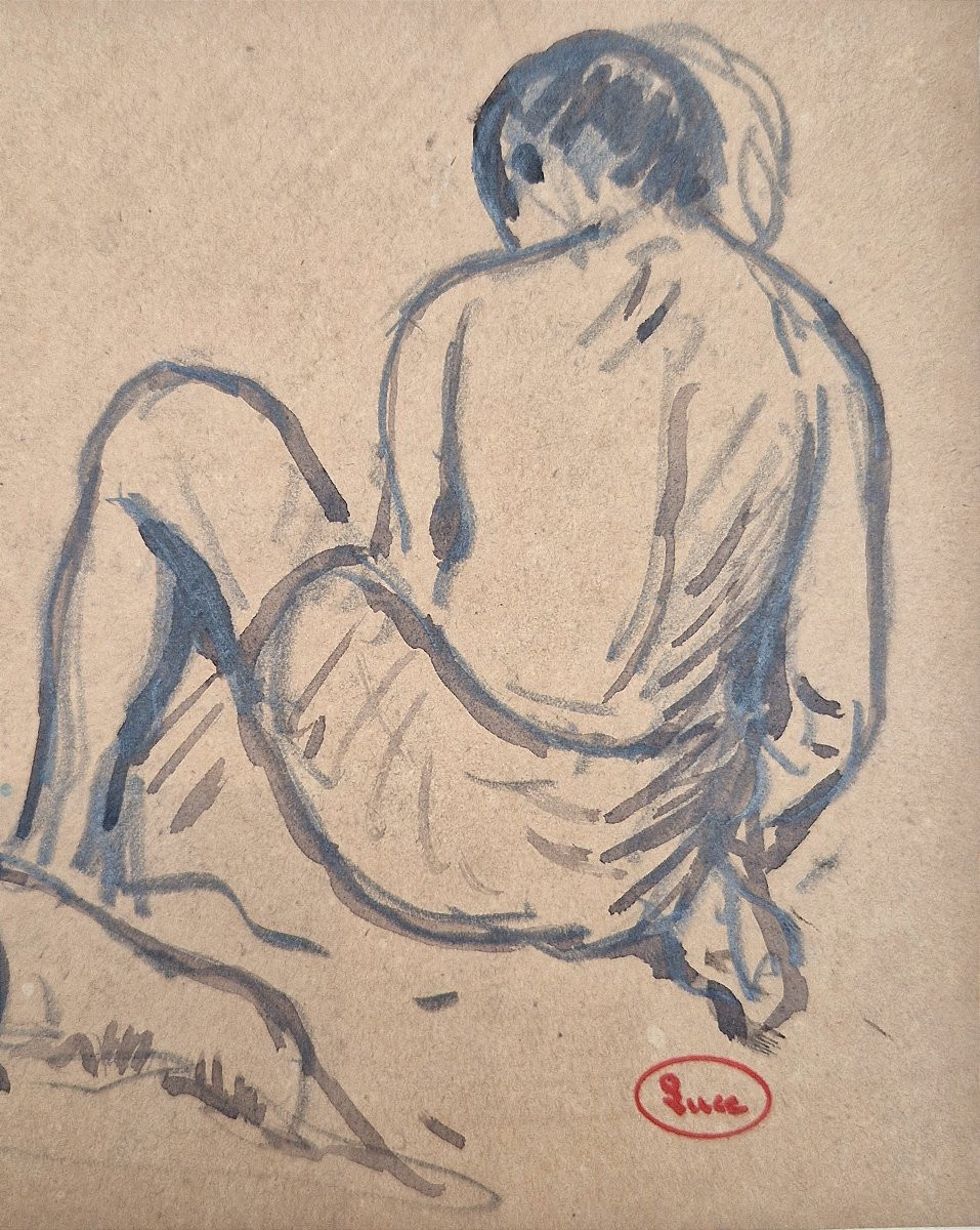 Maximilien Luce 1858-1941 Jeunes Garçons Sur La Plage Crayon Et Lavis d'Encre-photo-3