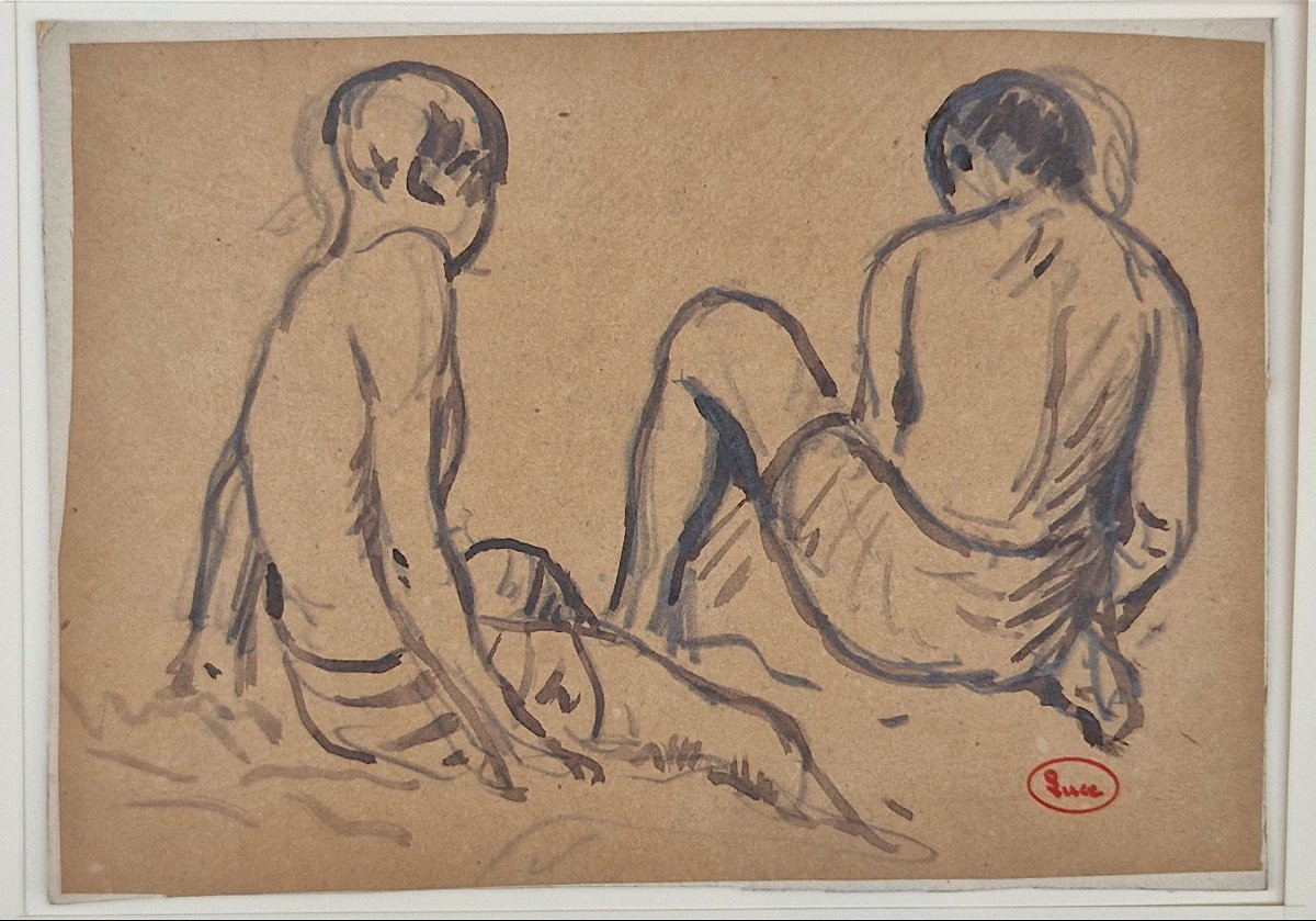 Maximilien Luce 1858-1941 Jeunes Garçons Sur La Plage Crayon Et Lavis d'Encre-photo-4