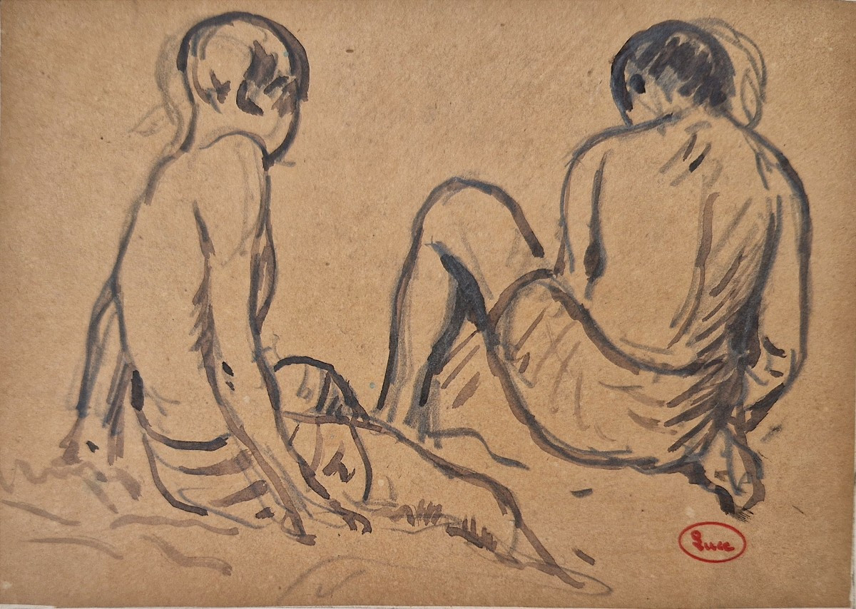 Maximilien Luce 1858-1941 Jeunes Garçons Sur La Plage Crayon Et Lavis d'Encre