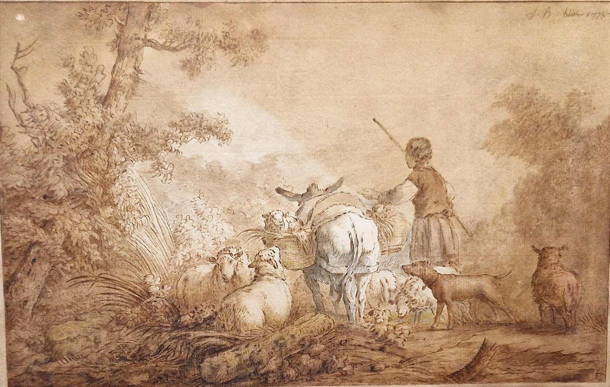 Jean-baptiste Huet 1745-1811 Shepherdess And Her Sheep Brown Wash Drawing-photo-2