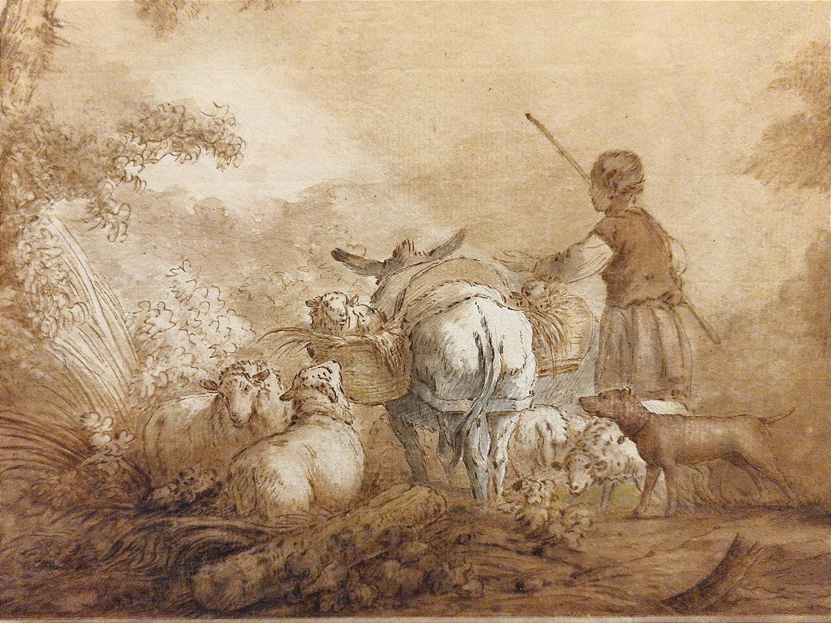 Jean-baptiste Huet 1745-1811 Shepherdess And Her Sheep Brown Wash Drawing-photo-3