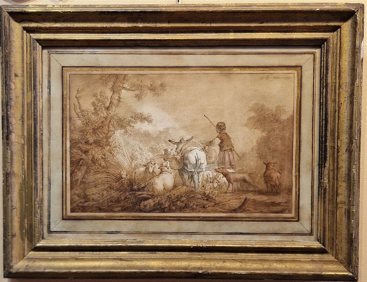 Jean-baptiste Huet 1745-1811 Shepherdess And Her Sheep Brown Wash Drawing