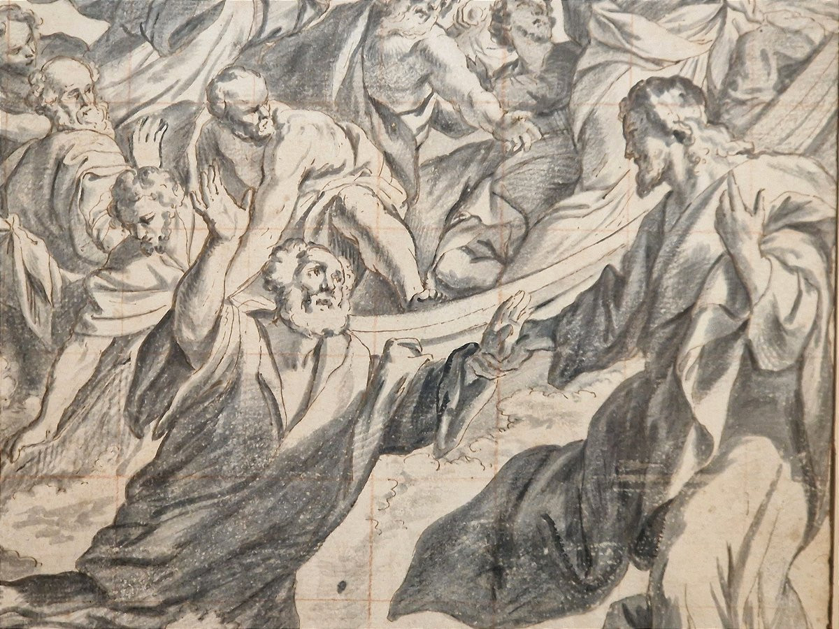 Ecole Française Du 18ème Siècle Jésus Retenant Pierre Par La Main Crayon Noir Et Lavis Gris-photo-3