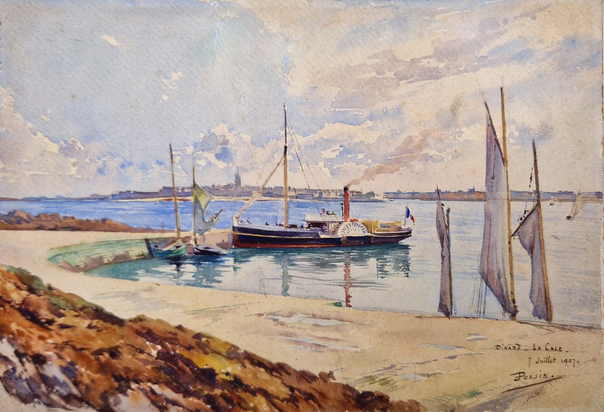 Louis Ponsin 1877-1945 Saint Malo From Dinard La Cale Watercolor