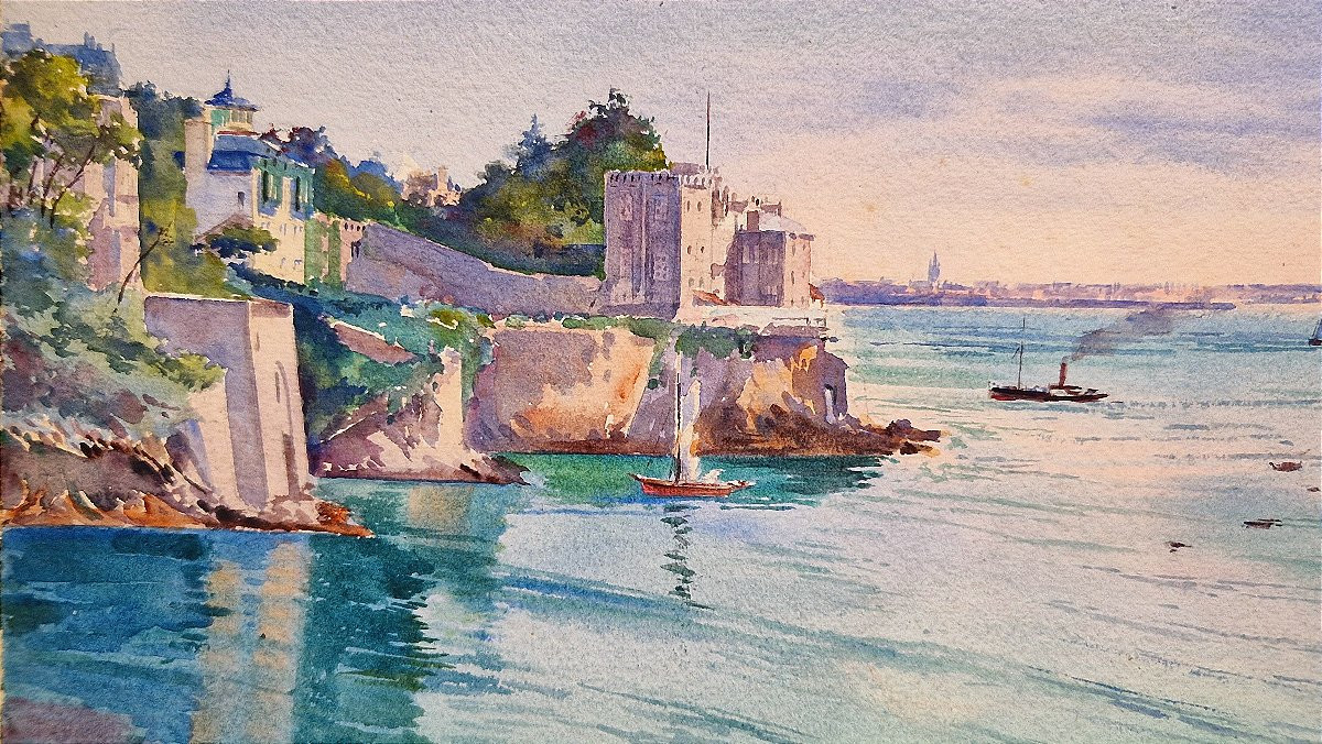 Louis Ponsin 1877-1945 View Of Saint Malo Watercolor-photo-2