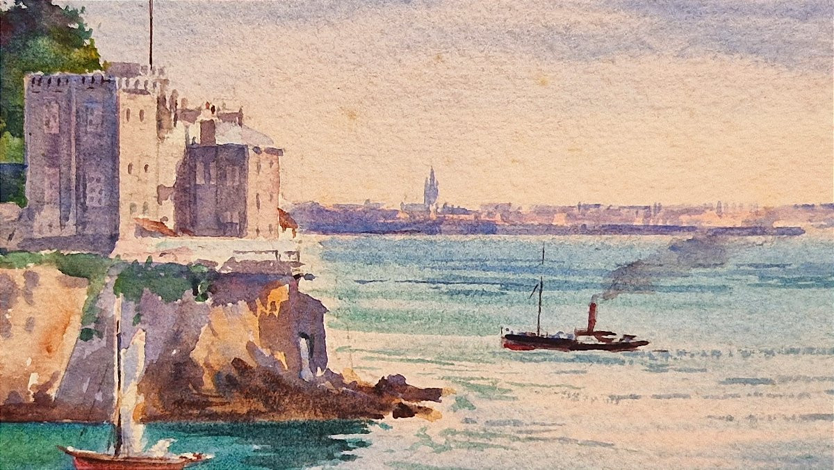 Louis Ponsin 1877-1945 View Of Saint Malo Watercolor-photo-4