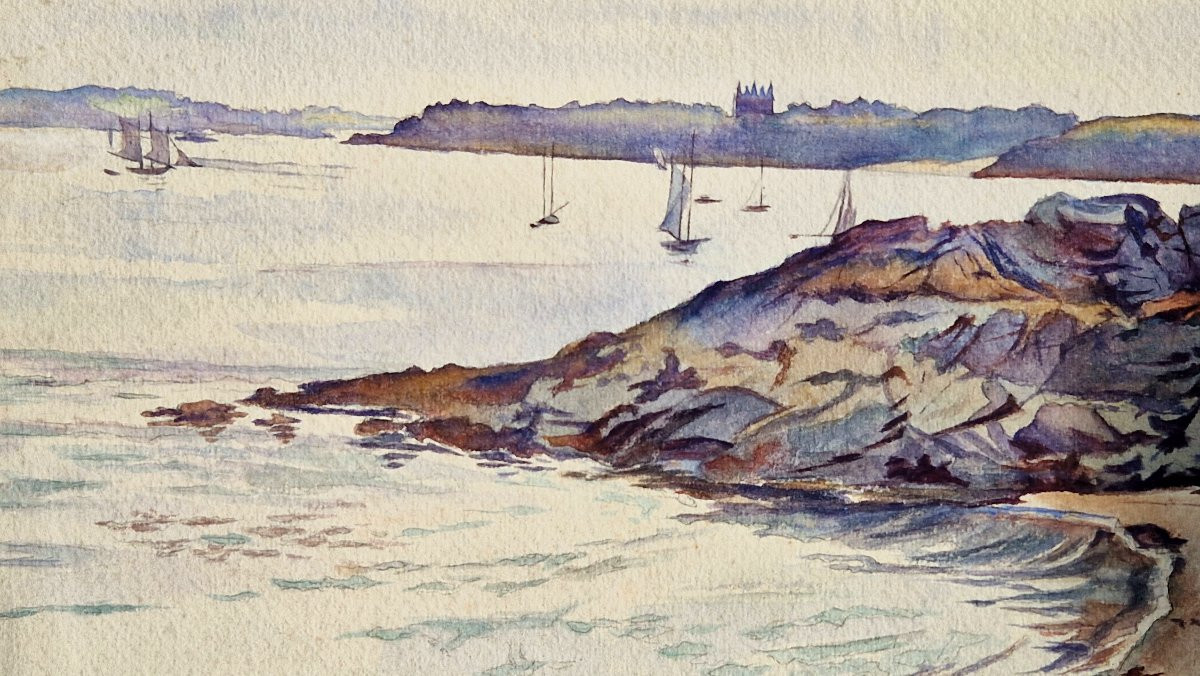 Louis Ponsin 1877-1949 The Rance Estuary Watercolor-photo-2