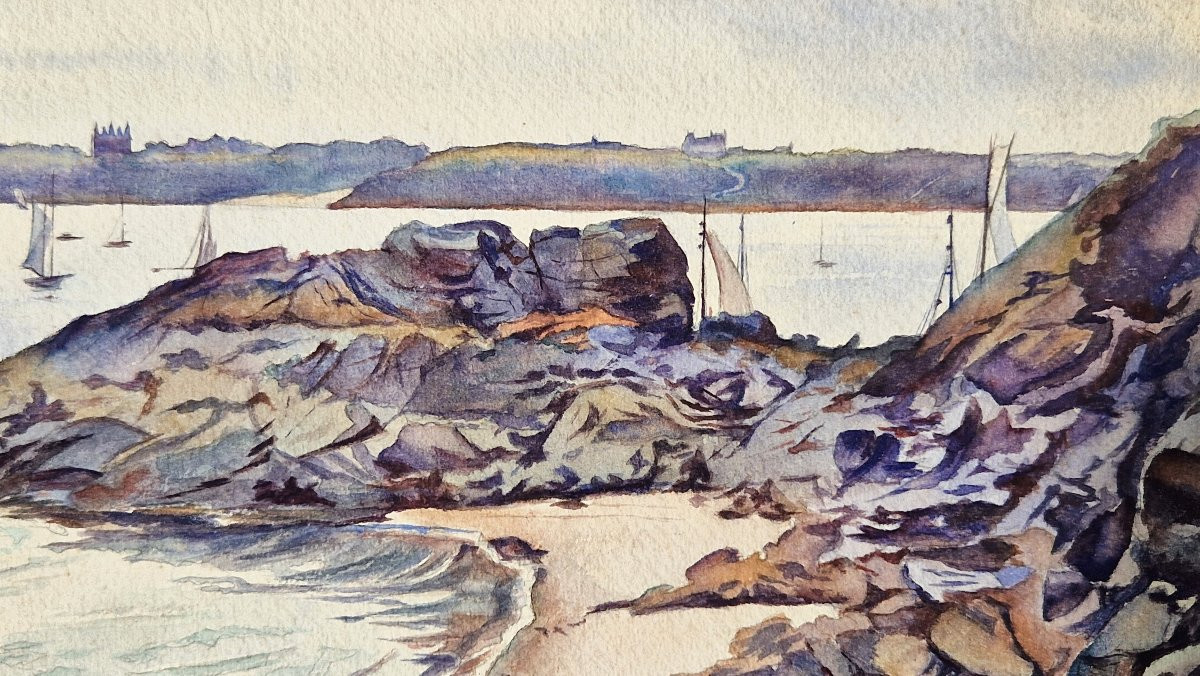 Louis Ponsin 1877-1949 The Rance Estuary Watercolor-photo-3