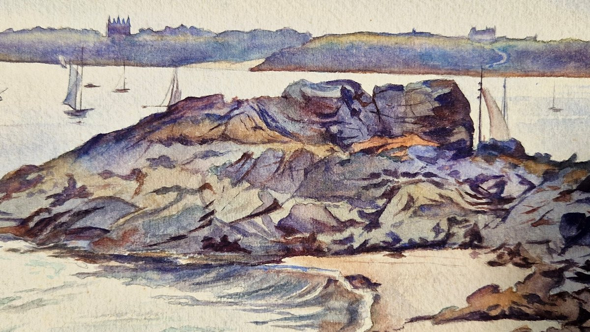 Louis Ponsin 1877-1949 The Rance Estuary Watercolor-photo-4