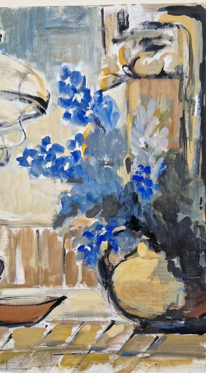 André Dunoyer De Segonzac 1884-1974 Nature morte aux giroflées Huile sur papier-photo-3