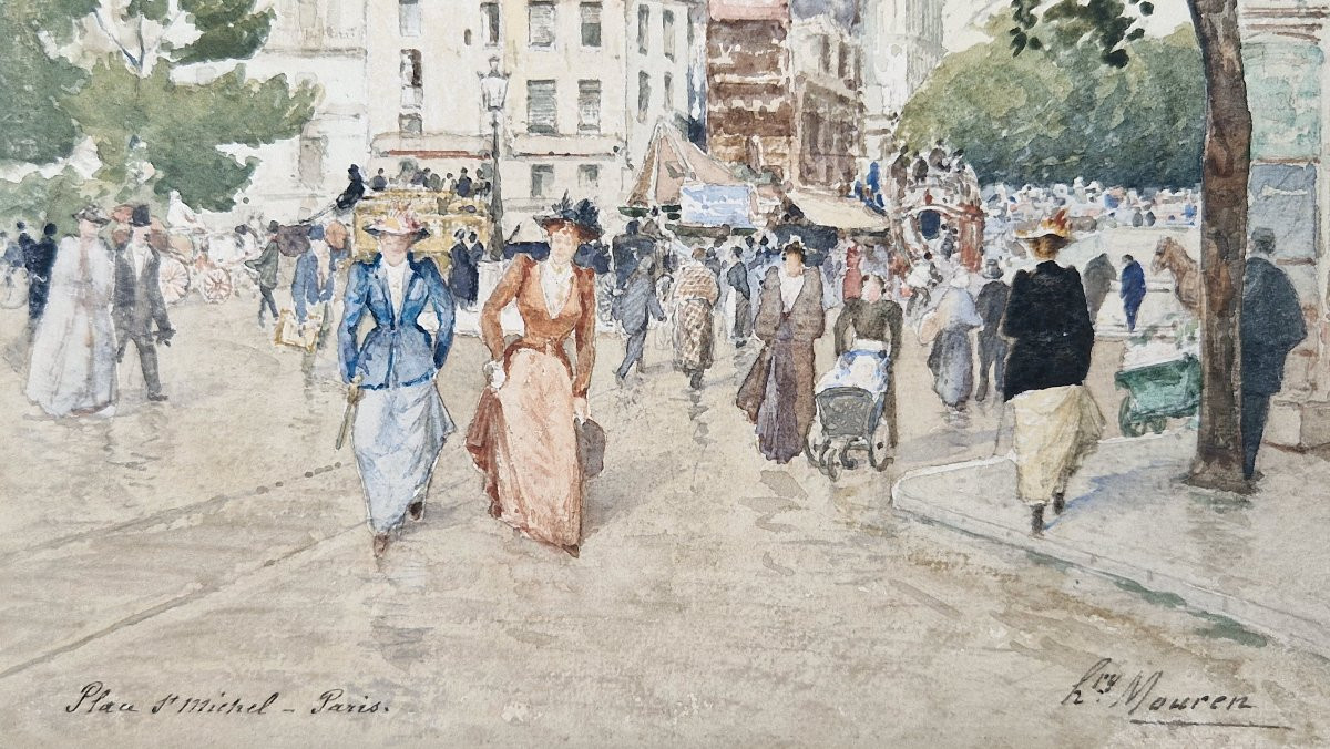 Henry Mouren 1844-1926 Place Saint Michel Watercolor-photo-3