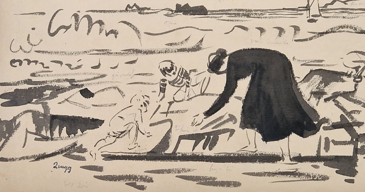 Jules Emile Zingg 1882-1942 Scène de plage à Perros-Guirrec Encre de chine-photo-2