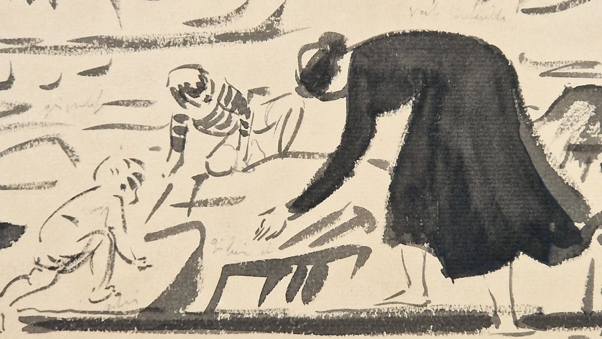Jules Emile Zingg 1882-1942 Scène de plage à Perros-Guirrec Encre de chine-photo-3
