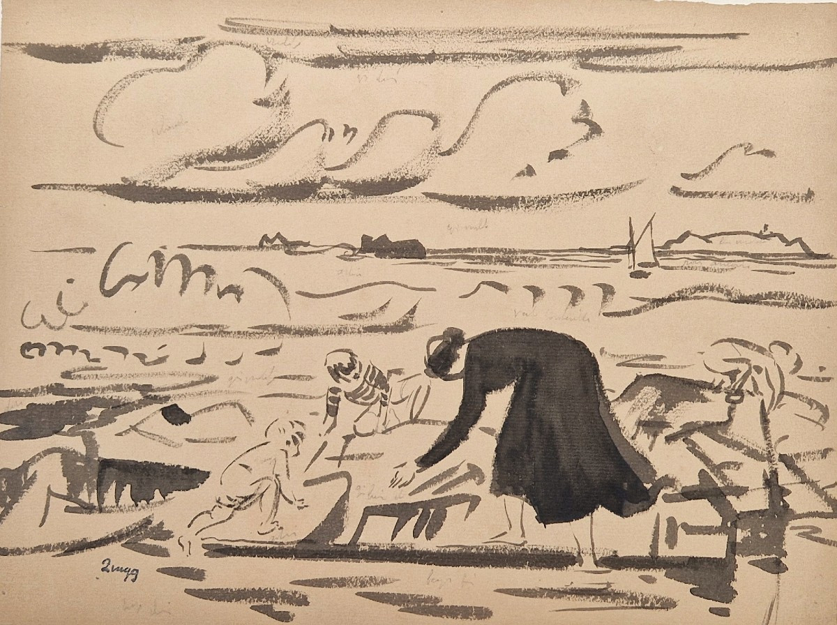 Jules Emile Zingg 1882-1942 Scène de plage à Perros-Guirrec Encre de chine