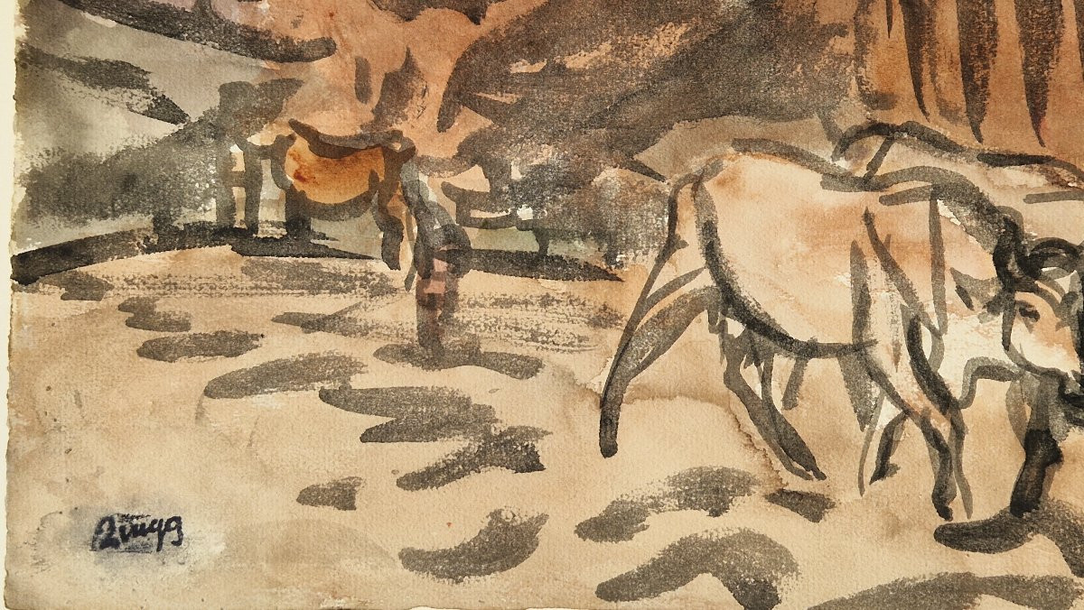Jules Emile Zingg 1882-1942 Le bouvier Aquarelle-photo-4