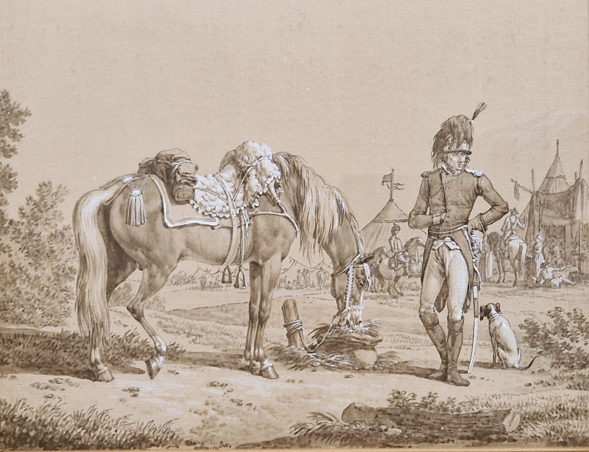 Jacques François Swebach 1769-1923 Cavalier et son cheval Plume, lavis gris et gouache blanche-photo-2