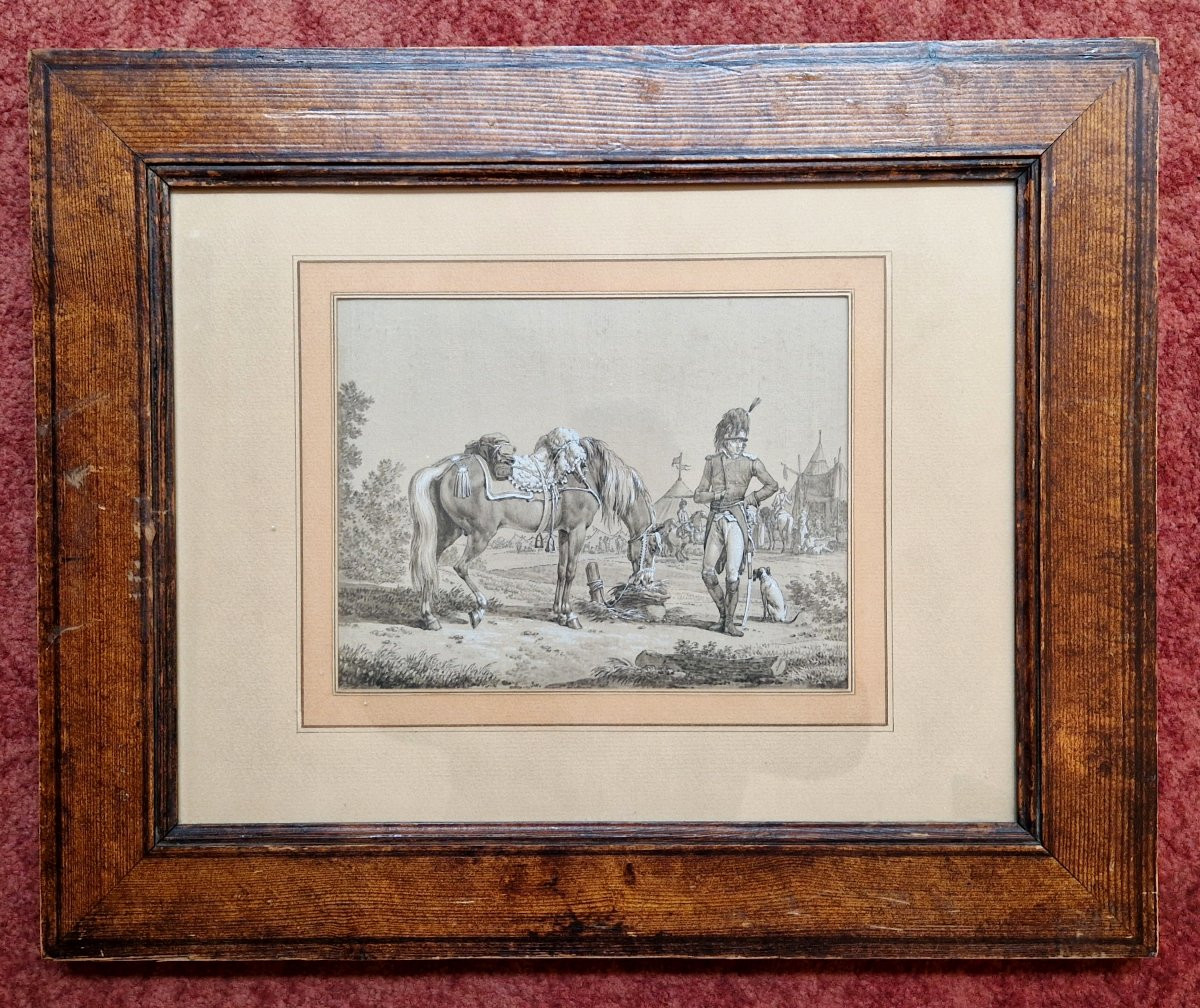 Jacques François Swebach 1769-1923 Cavalier et son cheval Plume, lavis gris et gouache blanche-photo-1