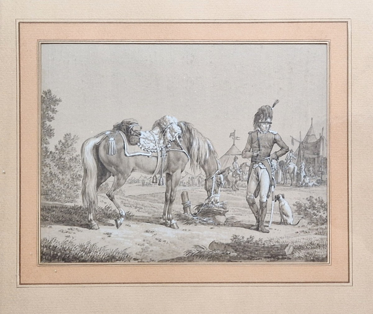 Jacques François Swebach 1769-1923 Cavalier et son cheval Plume, lavis gris et gouache blanche