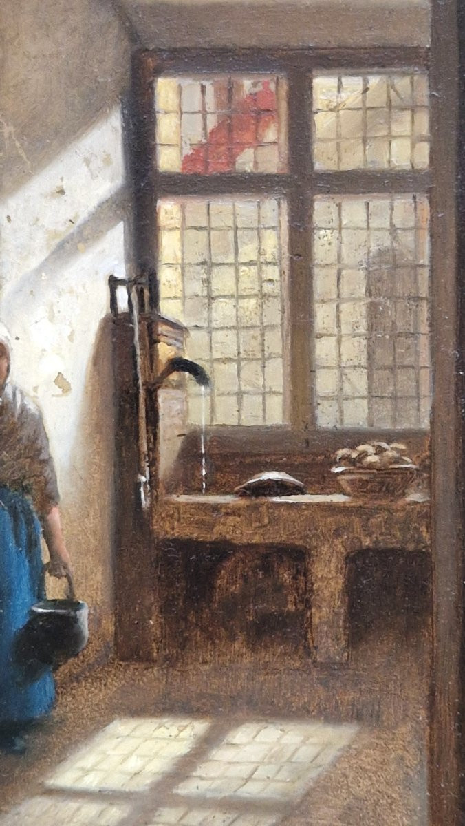 Théodore Cériez 1832-1904 Paysanne dans sa cuisine Huile sur panneau d'cajou-photo-3