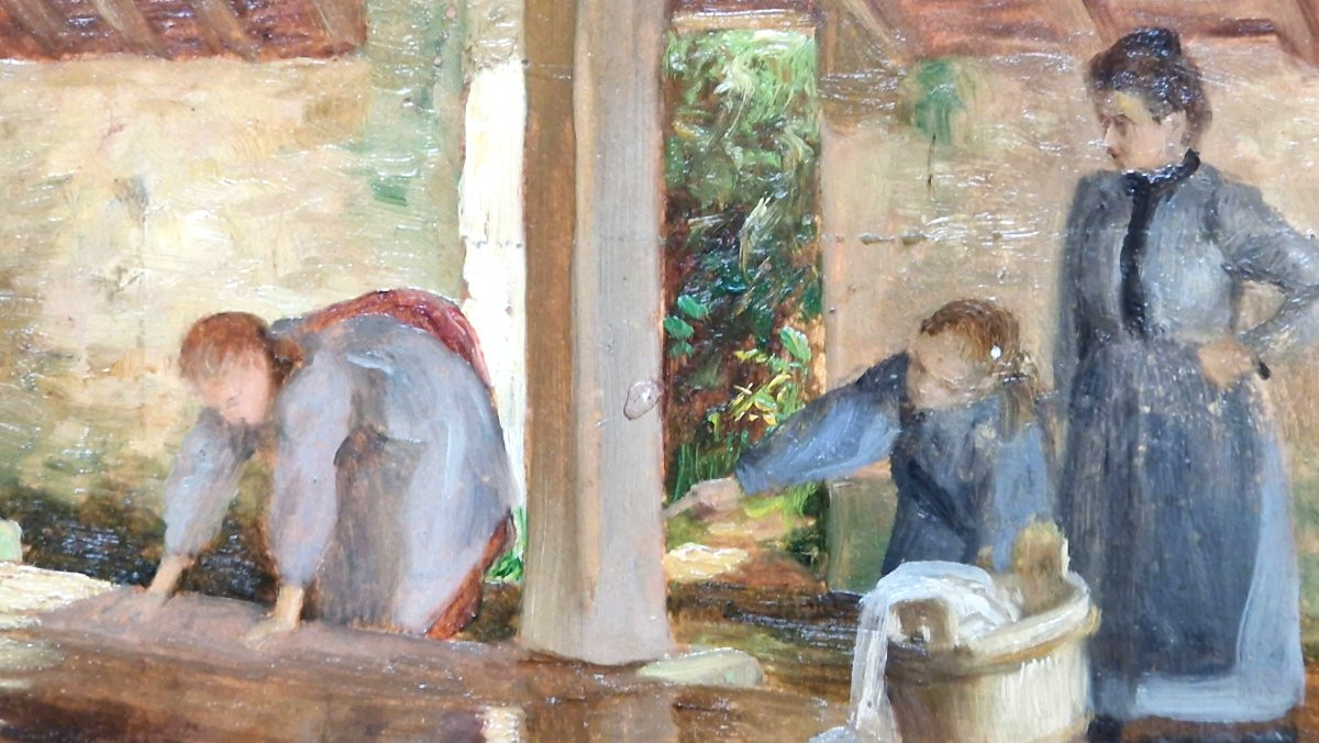 Georges Marie Julien Girardot 1856-1914 Femmes au lavoir Huile sur carton-photo-3