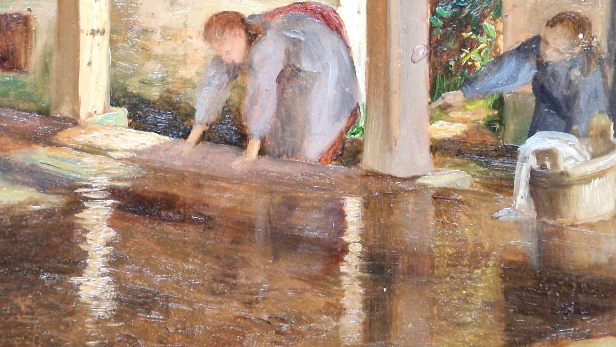 Georges Marie Julien Girardot 1856-1914 Femmes au lavoir Huile sur carton-photo-4