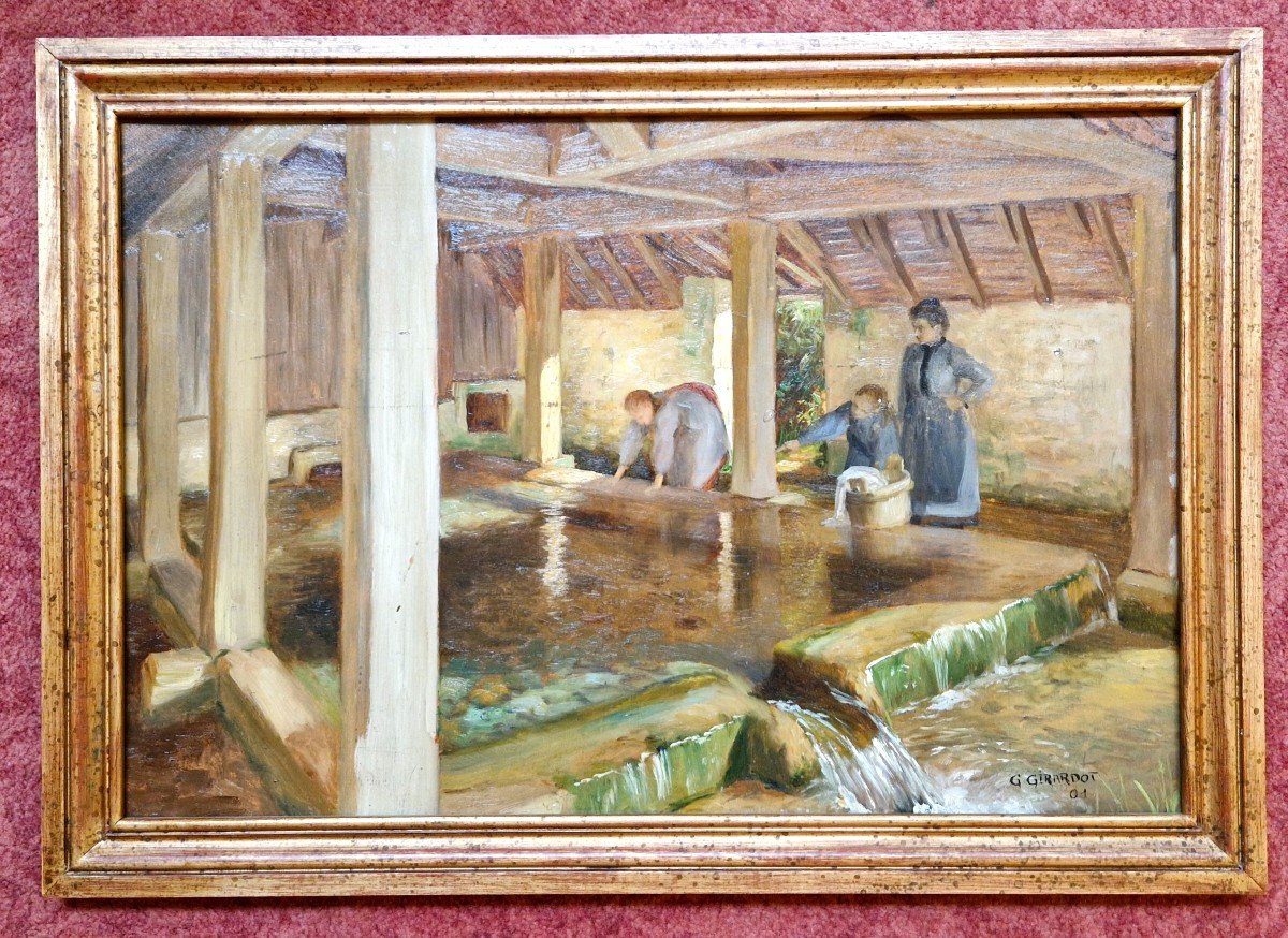 Georges Marie Julien Girardot 1856-1914 Femmes au lavoir Huile sur carton