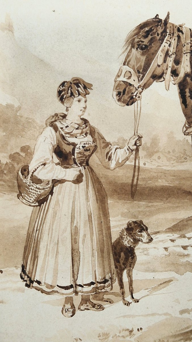 François Hippolyte Lalaisse 1810-1884 Horses In Harness Brown Wash Drawing-photo-2