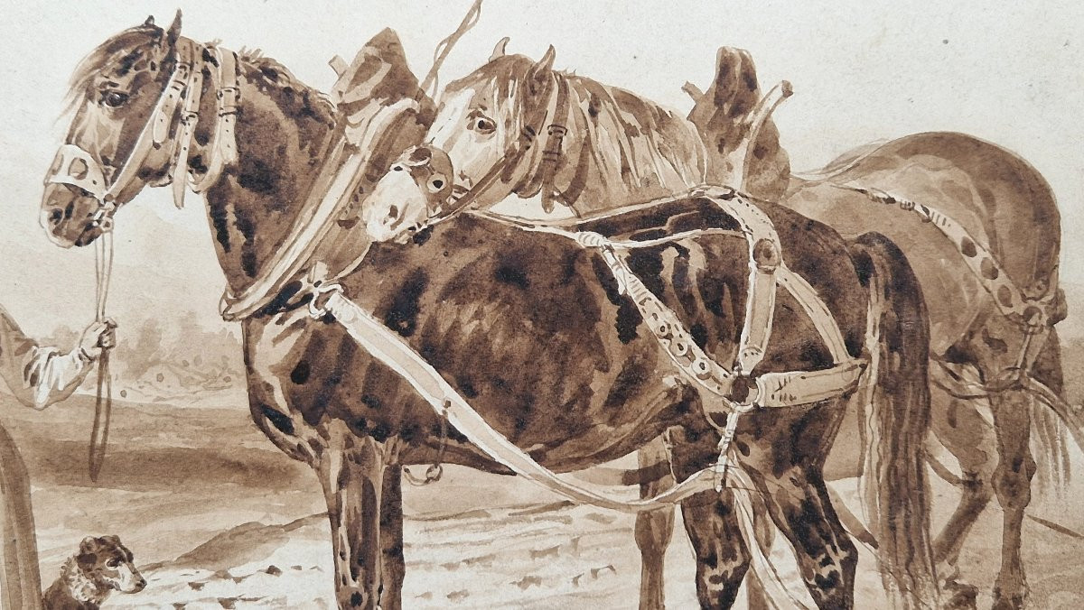 François Hippolyte Lalaisse 1810-1884 Horses In Harness Brown Wash Drawing-photo-3