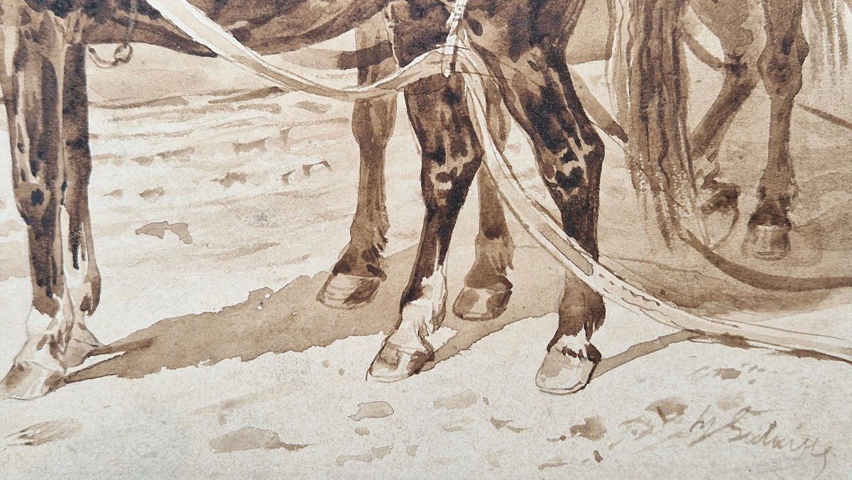François Hippolyte Lalaisse 1810-1884 Horses In Harness Brown Wash Drawing-photo-4